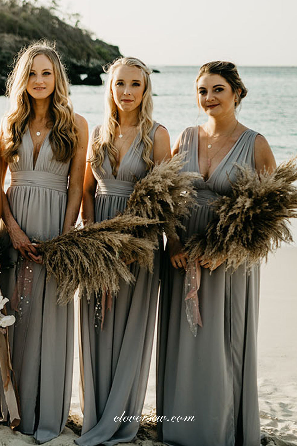Ligh Grey High Waist V-neck A-line Long Cheap Bridesmaid Dresses, CB0285