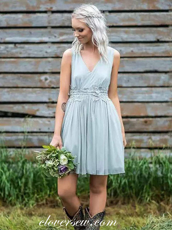 Light Blue Chiffon V-neck Applique Short Bridesmaid Dresses,CB0142