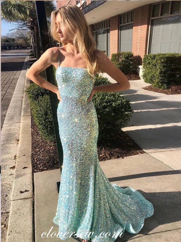 Light Blue Sequin Lace Up Back Mermaid Popular Prom Dresses, CP0970