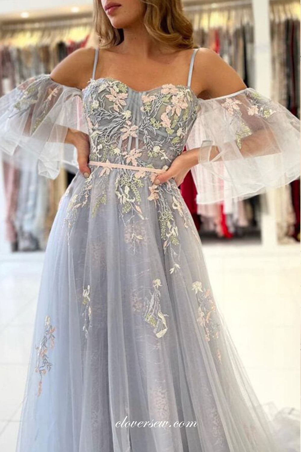 Light Grey Tulle 3D Applique Puffy Sleeves A-line Prom Dresses, CP0973