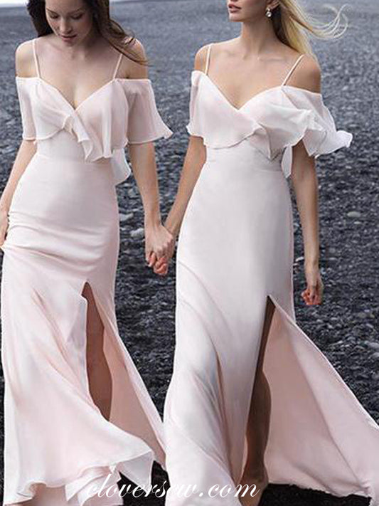 Light Pink Chiffon Off The Shoulder Side Slit Long Bridesmaid Dresses,CB0132