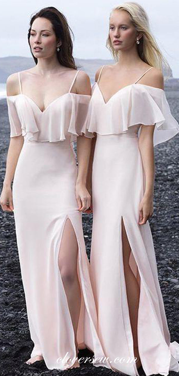 Light Pink Chiffon Off The Shoulder Side Slit Long Bridesmaid Dresses,CB0132