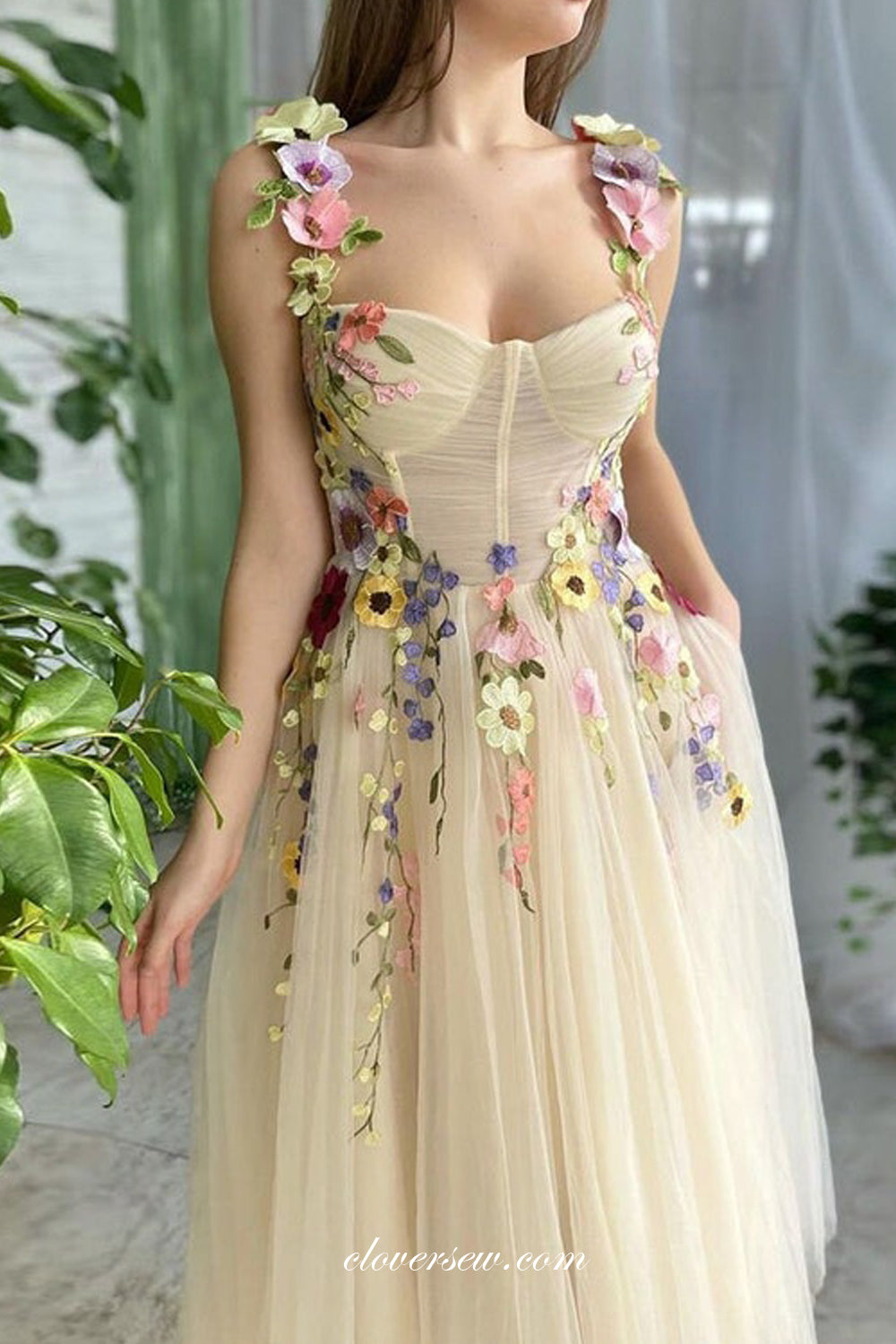 Light Yellow 3D Floral Applique Square Neck Sleeveless Short Party Dresses, CP1014