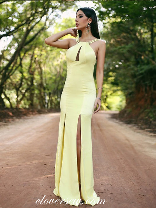 Light Yellow Spaghetti Strap Backless Sheath With Slit Party Dresses, CP0540