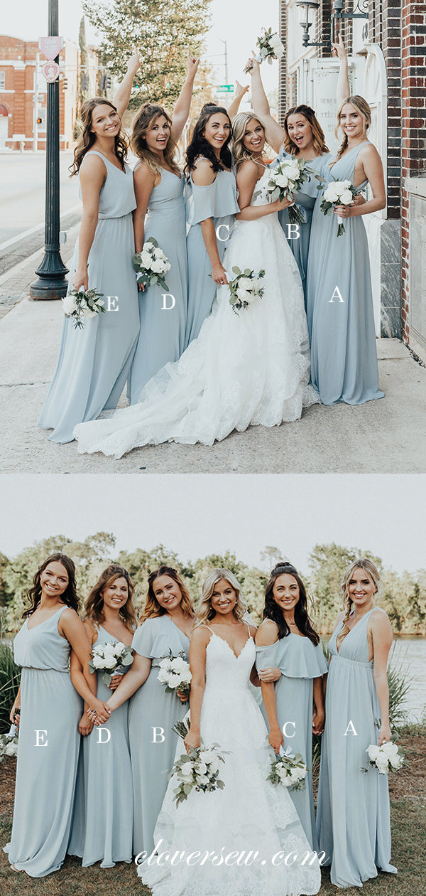 Light Pale Blue Chiffon Mismatched A-line Long Bridesmaid Dresses, CB0058