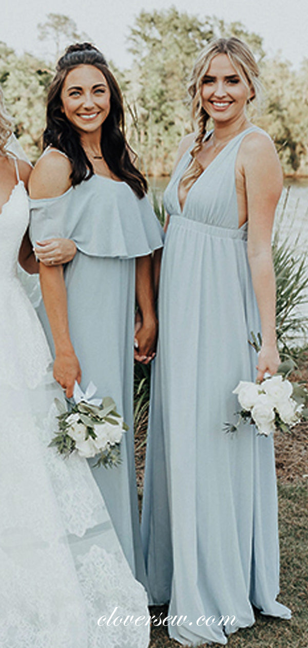 Light Pale Blue Chiffon Mismatched A-line Long Bridesmaid Dresses, CB0058
