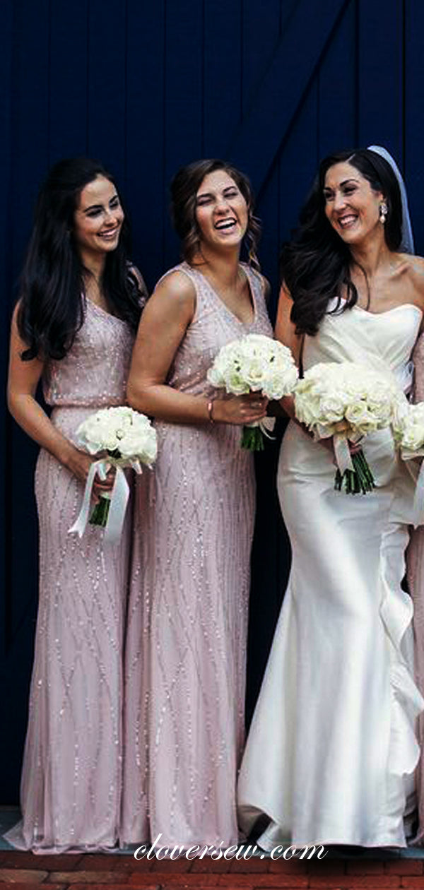 Light Pink Silver Sequin Sleeveless Column Long Bridesmaid Dresses , CB0007