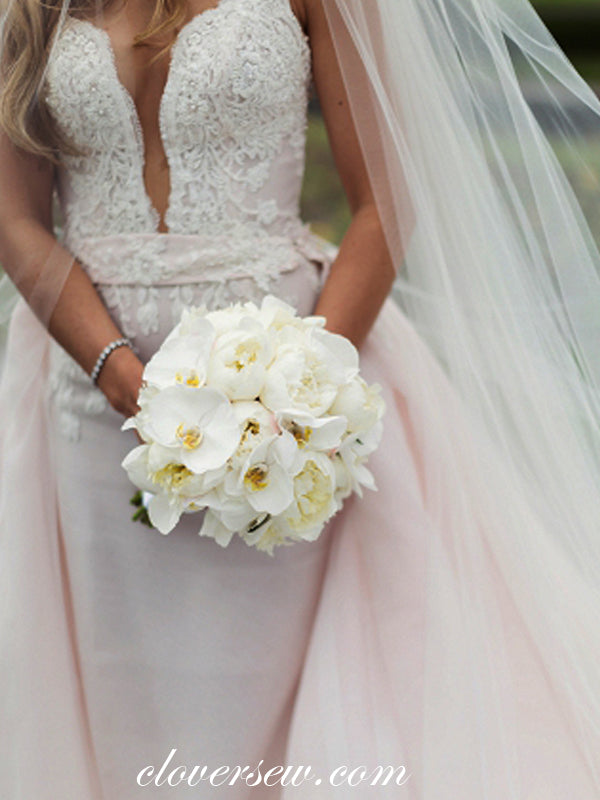 Light Pink Tulle Lace Detachable Skirt Spaghetti Strap Wedding Dresses, CW0058