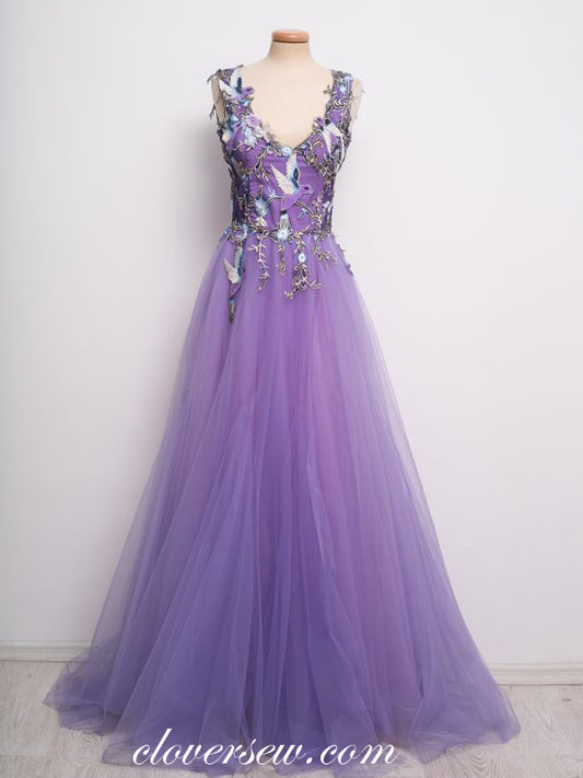 Lilac 3D Embroidery Applique Tulle A-line Fashion Prom Dresses, CP0702