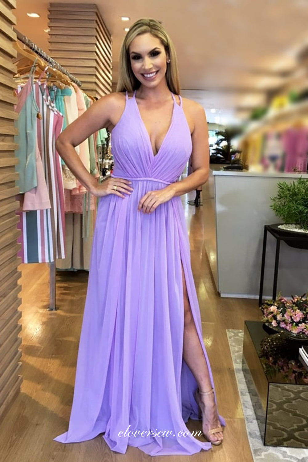Lilac Chiffon Sleeveless Side Slit A-line Bridesmaid Dresses, CB0237