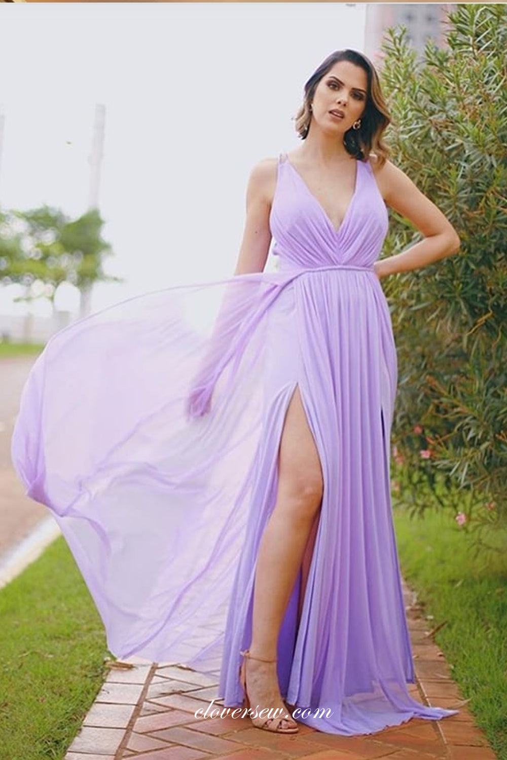 Lilac Chiffon Sleeveless Side Slit A-line Bridesmaid Dresses, CB0237