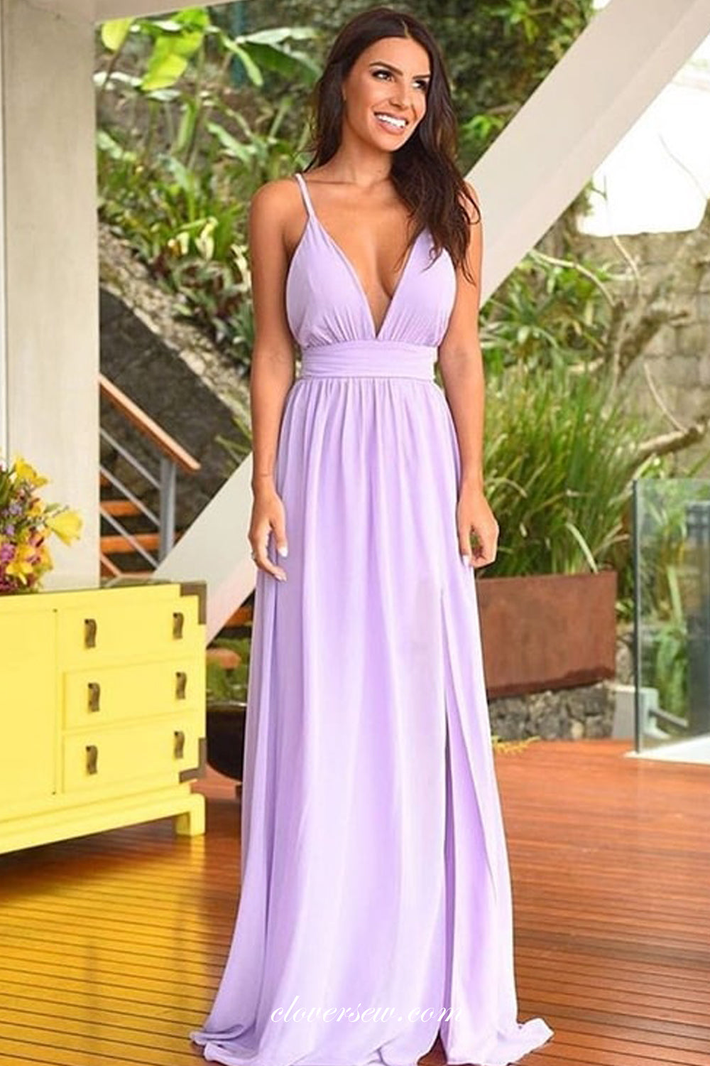 Lilac Chiffon V-neck High Waist A-line Bridesmaid Dresses, CB0227