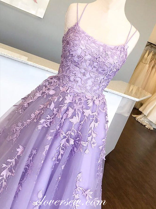 Lilac Lace Applique Spaghetti Strap Lace Up Back Prom Dresses, CP0591