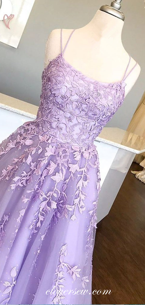Lilac Lace Applique Spaghetti Strap Lace Up Back Prom Dresses, CP0591