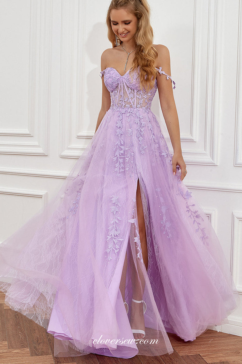 Lilac Lace Applique Sweetheart A-line Side Slit Prom Dresses, CP0810