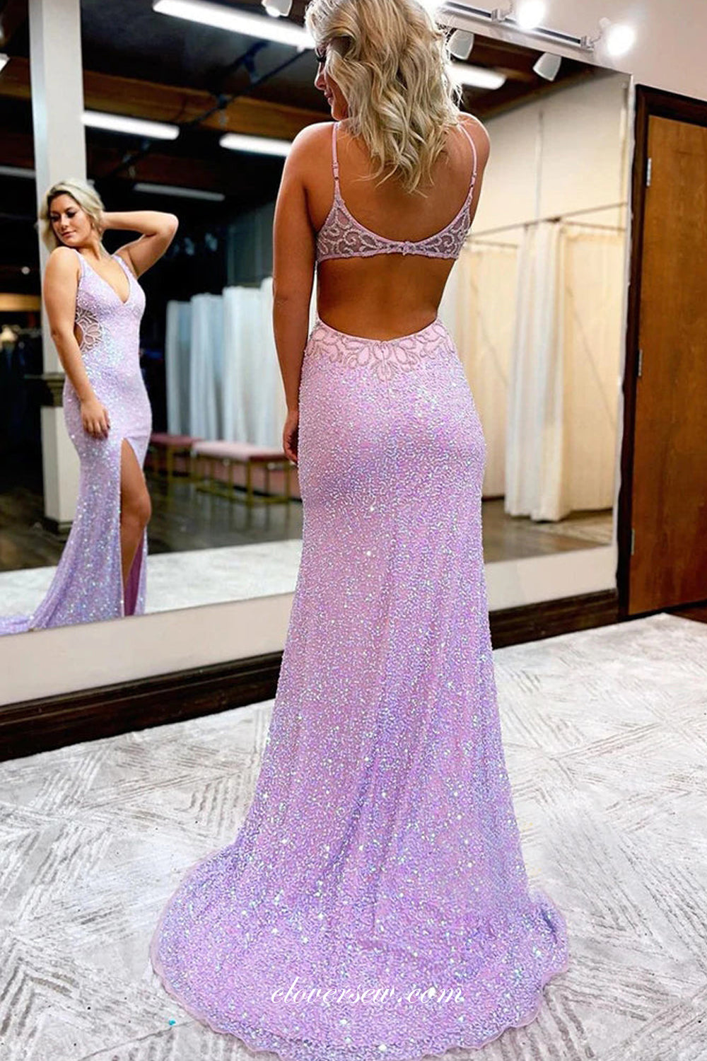 Lilac Sequined Beading Open Back Sheath Side Slit Prom Dresses, CP0836