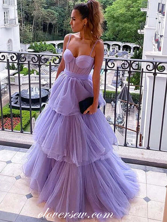 Lilac Tulle Tiered Spaghetti Strap Sweetheart Elegant Prom Dresses, CP0829