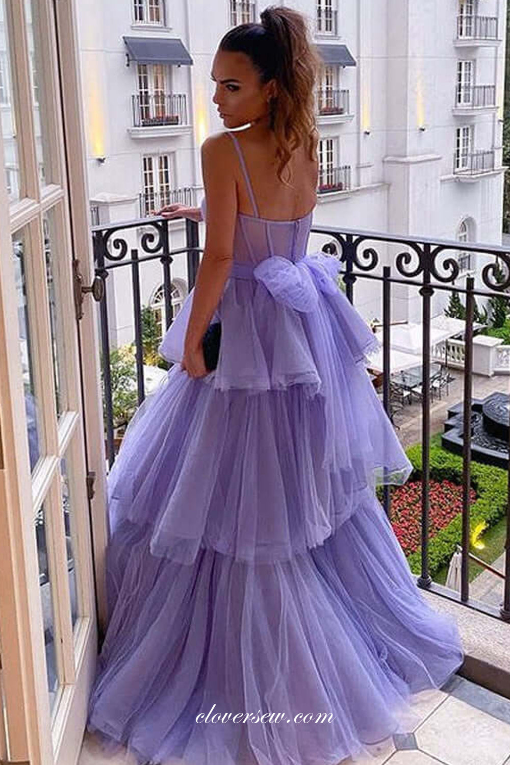 Lilac Tulle Tiered Spaghetti Strap Sweetheart Elegant Prom Dresses, CP0829
