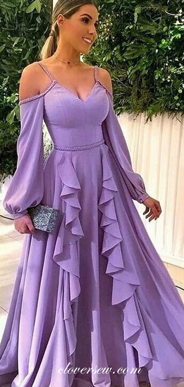 Lilac Off The Shoulder Long Sleeves A-line Prom Dresses , CP0484