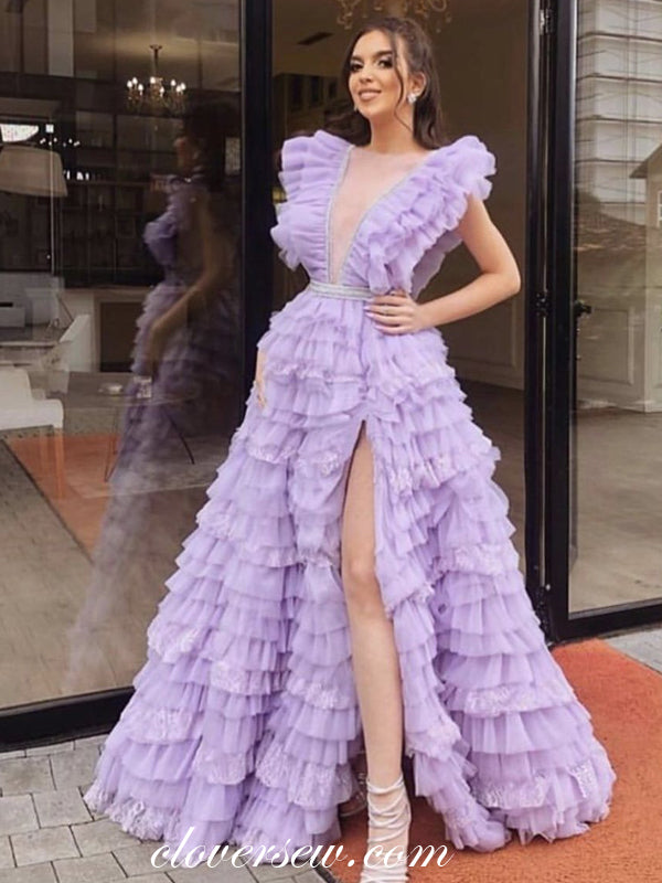 Lilac Ruffles Tulle Tiered Sleeveless A-line Prom Dresses,CP0379