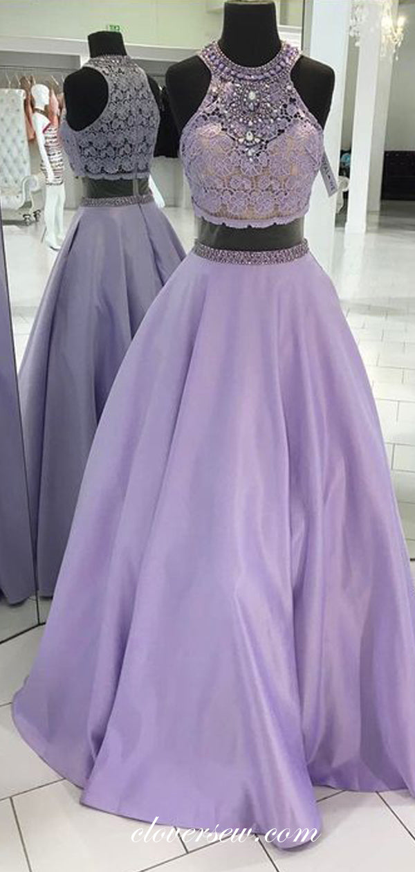 Lilac Satin Lace Rhinestone Two Piece High Neck Prom Dresses, CP0068
