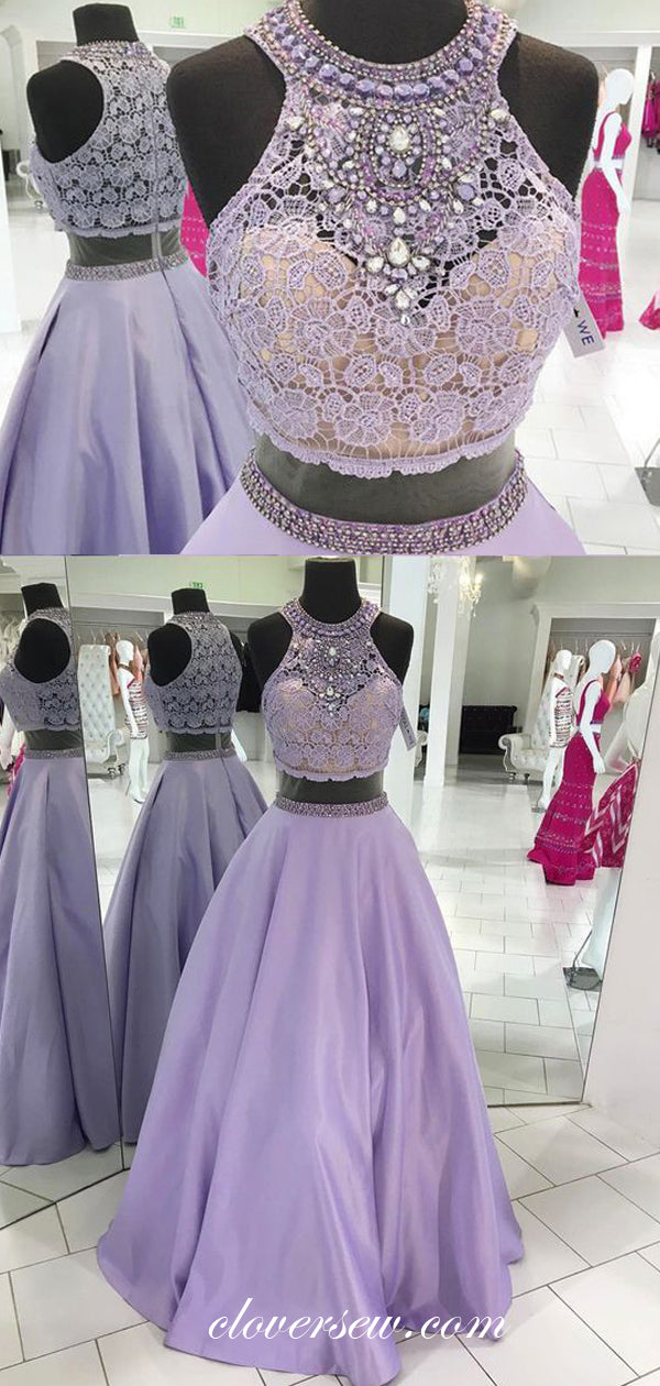 Lilac Satin Lace Rhinestone Two Piece High Neck Prom Dresses, CP0068