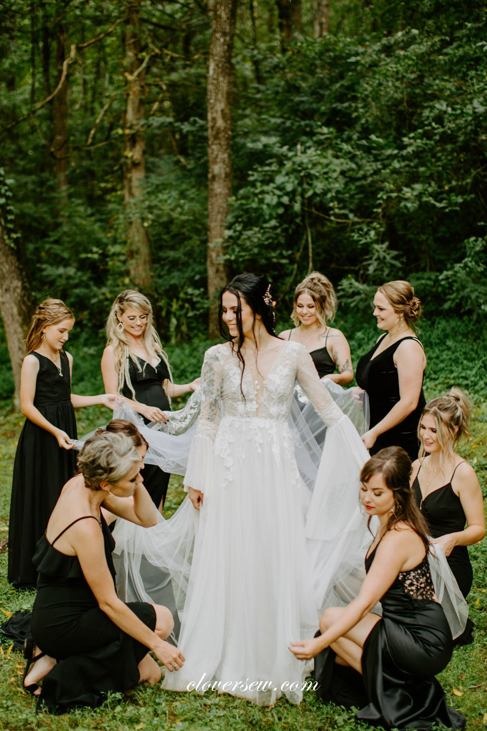 Long Charming Sleeves Lace V-neck Boho Country Wedding Dresses, CW0275