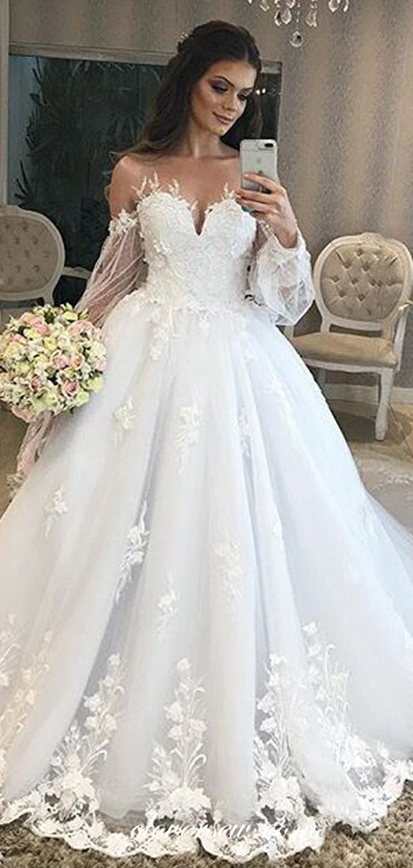Long Sleeves 3D Applique Illusion Neckline A-line Wedding Dresses,CW0146