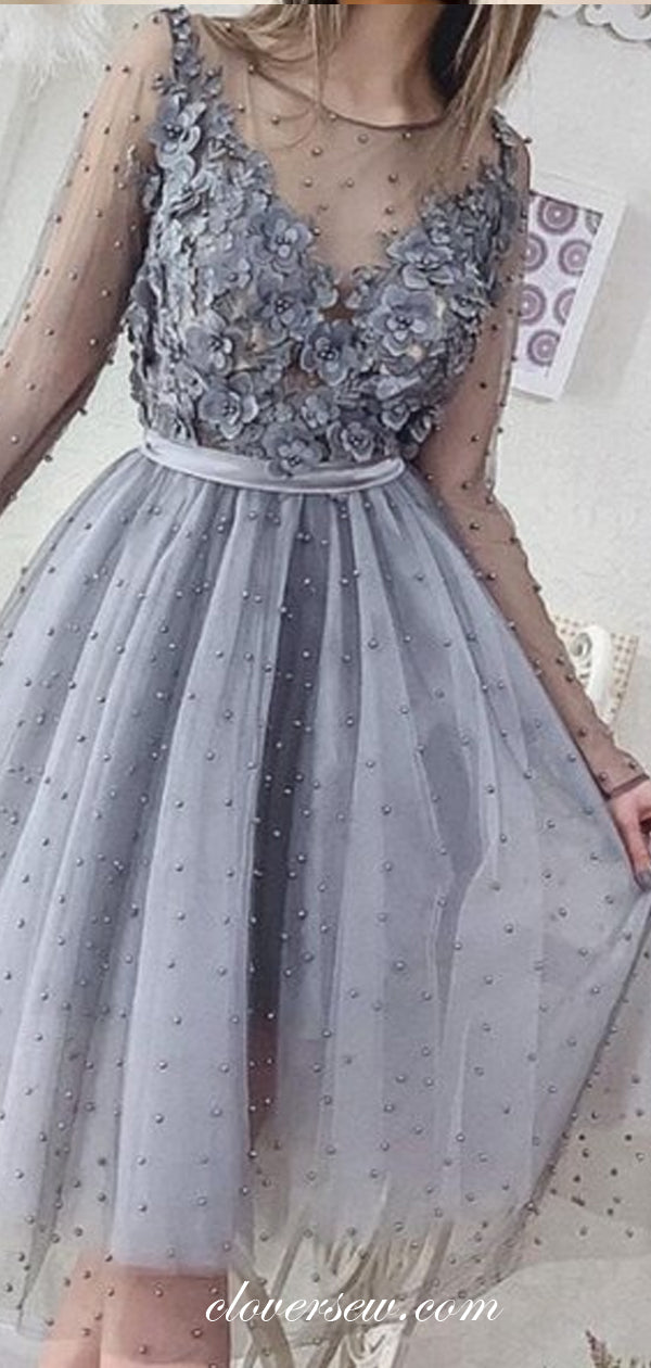 Long Sleeves Grey Bead Tulle Applique Homecoming Dresses, CH0026