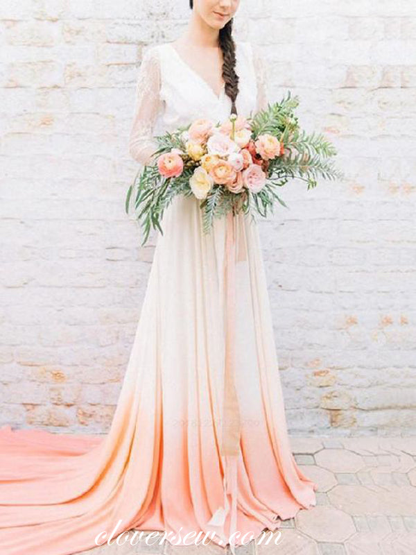 Long Sleeves Lace Gradient Chiffon Boho Wedding Dresses, CW0174