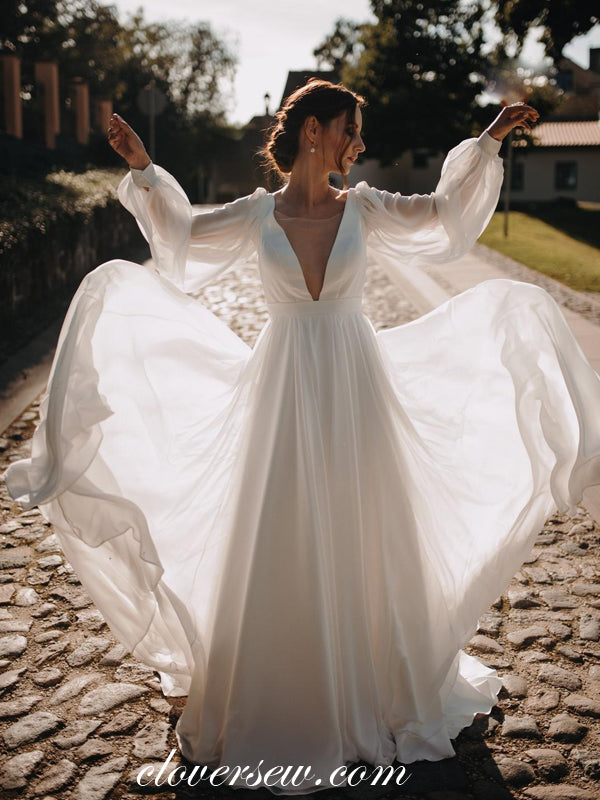 Long Sleeves Off White Chiffon V-neck Boho Wedding Dresses ,CW0232