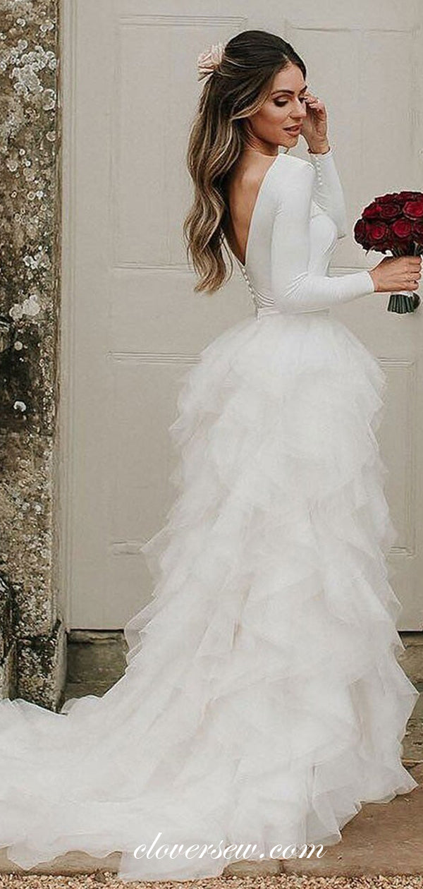 Long Sleeves Ruffles A-line V-neck With Train Wedding Dresses,CW0121