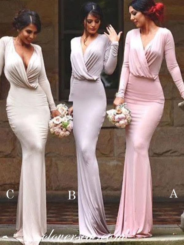 Long Sleeves V-neck Sheath Elegant Bridesmaid Dresses, CB0159