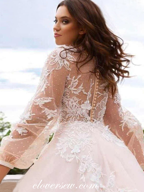 Long Lantern Sleeves Tulle See Through Lace Applique Wedding Dresses  ,CW0104