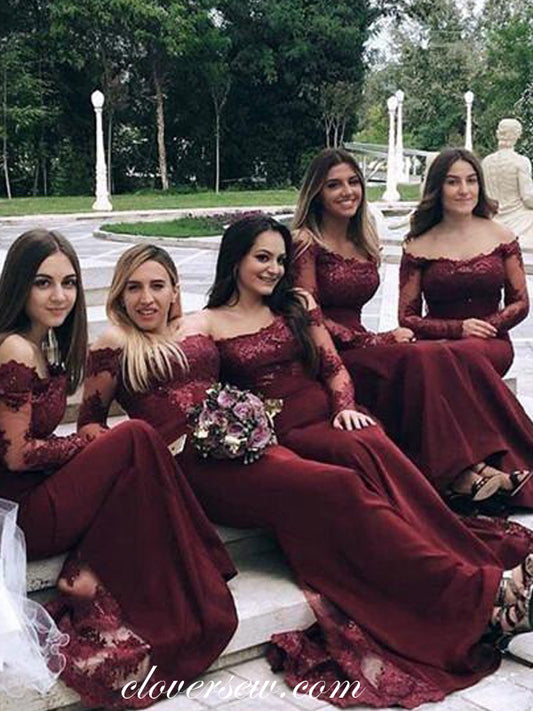 Maroon Lace Off The Shoulder Long Sleeves Sheath Bridesmaid Dresses ,CB0124