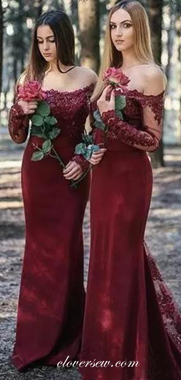 Maroon Lace Off The Shoulder Long Sleeves Sheath Bridesmaid Dresses ,CB0124