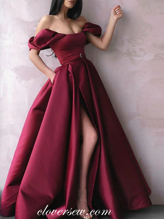 Maroon Satin Off The Shoulder Side Slit A-line Prom Dresses, CP0569