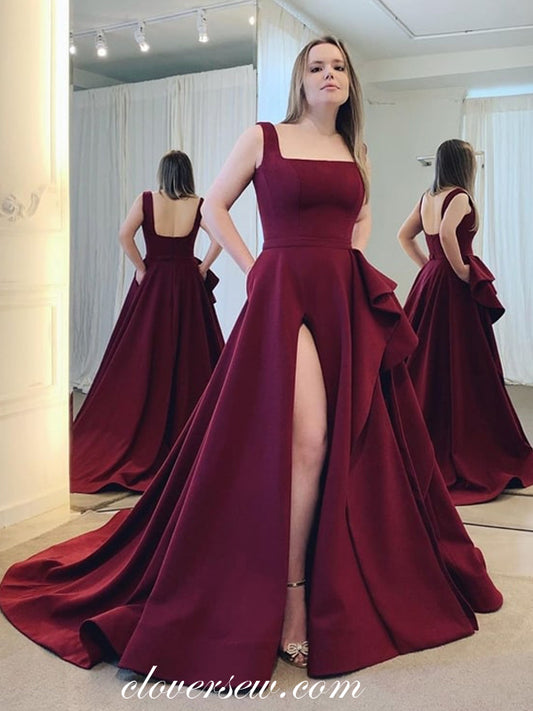 Maroon Satin Square Neckline High Slit A-line Prom Dresses, CP0678