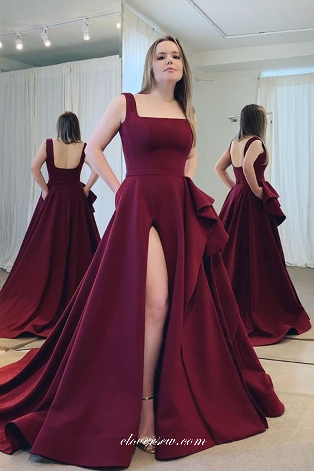 Maroon Satin Square Neckline High Slit A-line Prom Dresses, CP0678