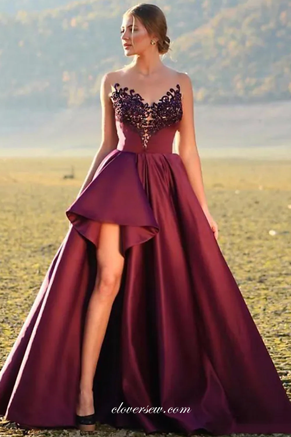 Maroon Strapless Beaded Applique A-line Formal Dresses ,CP0724