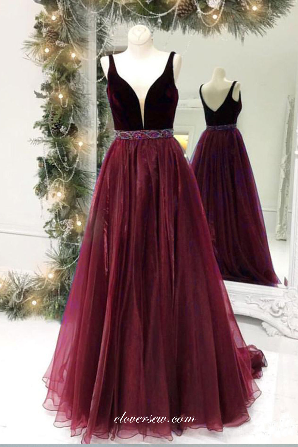 Maroon Velvet Organza Sleeveless V-neck Formal Dresses, CP0684