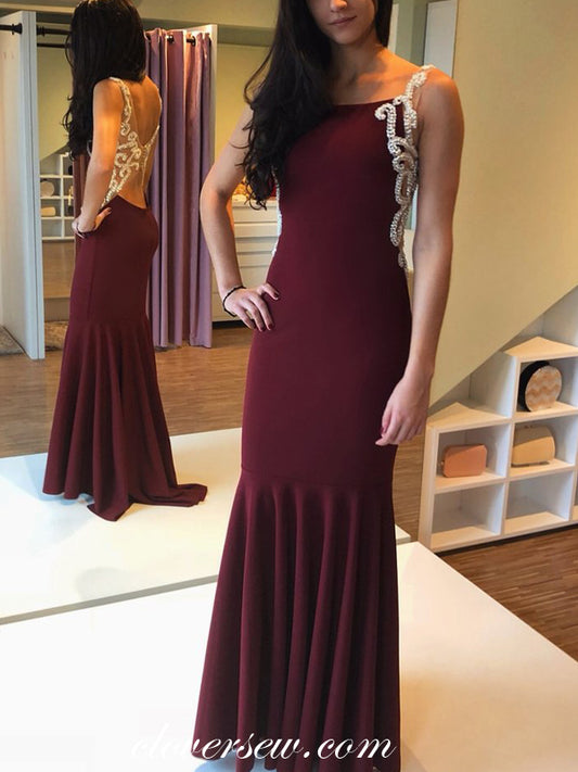 Maroon With Rhinestone Illusion Back Sheath Formal Dresses,CP0616