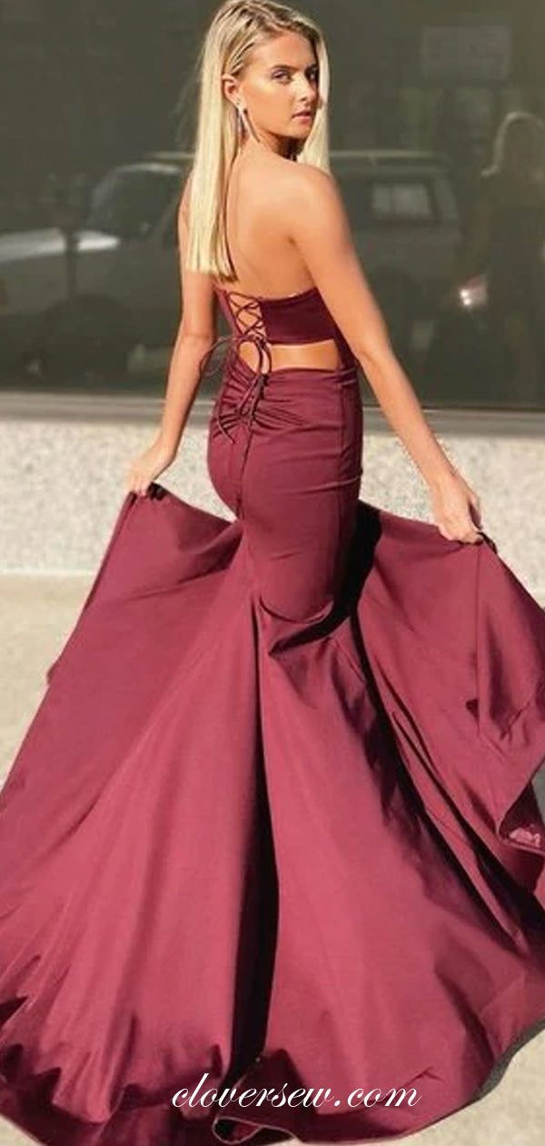 Maroon Elastic Satin Strapless Lace Up Back Sheath Prom Dresses,CP0424