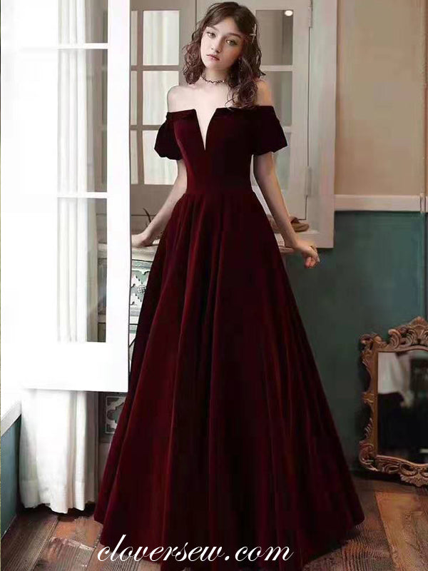 Maroon Velvet Off The Shoulder A-line Prom Dresses,CP0161