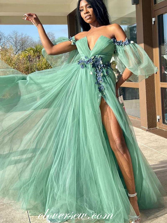 Mint Green Tulle Handmade Flowers Applique Off The Shoulder Prom Dresses CP0997