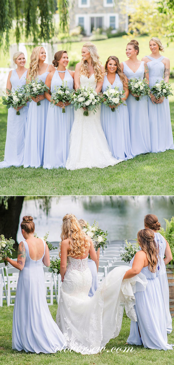 Mismatched Pale Blue Chiffon A-line Long Bridesmaid Dresses, CB0071