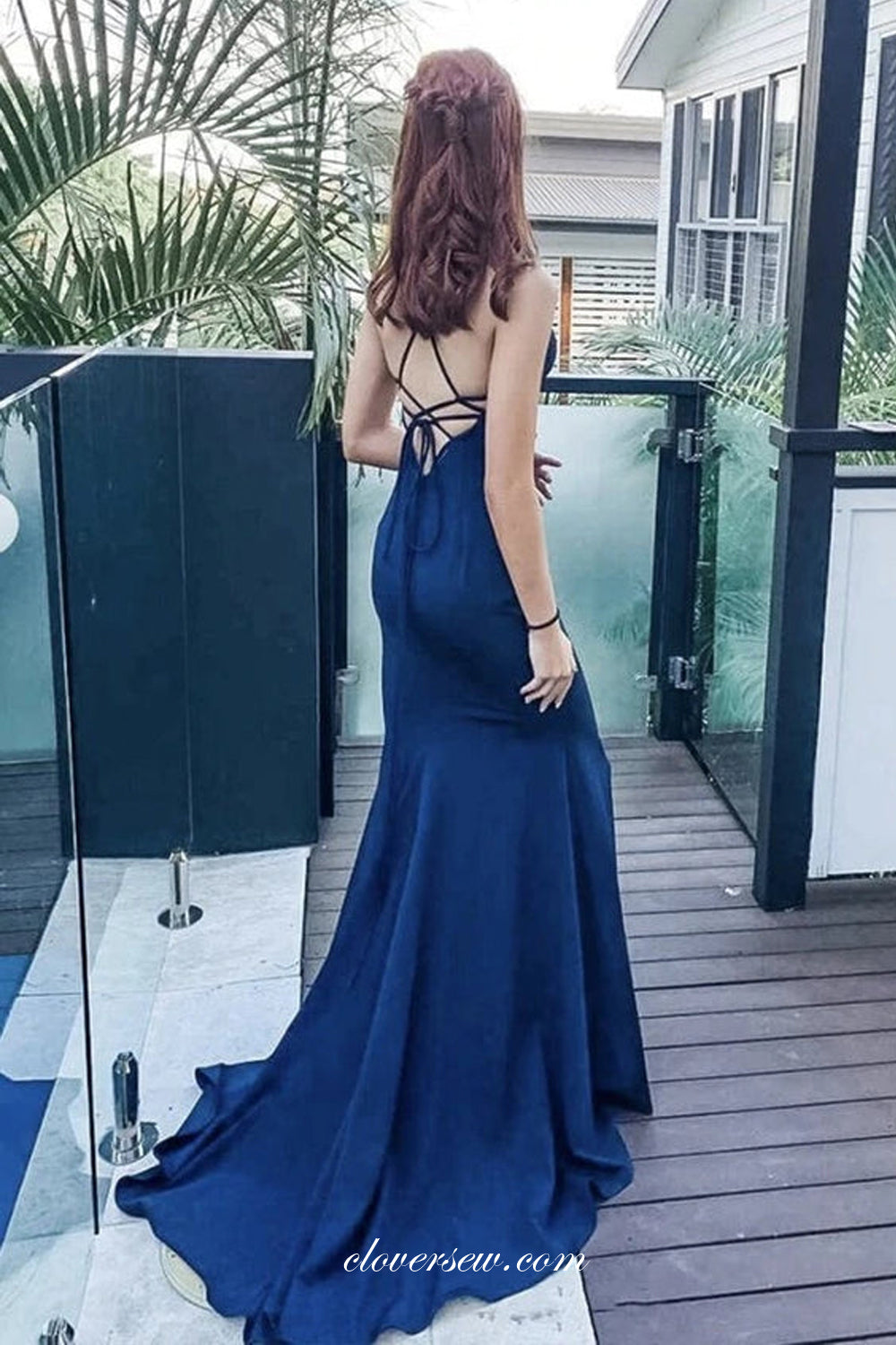 Navy Blue Mermaid V-neck Backless Elegant Prom Dresses, CP0869