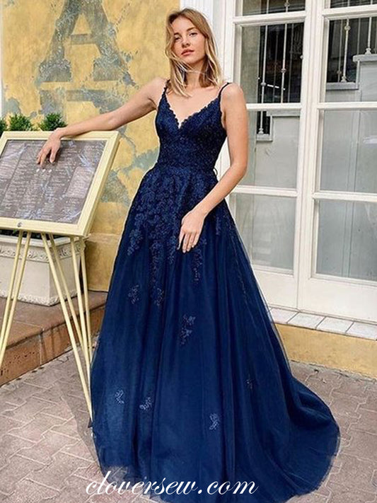 Navy Lace Applique V-neck A-line Lace Up Back Prom Dresses, CP0533