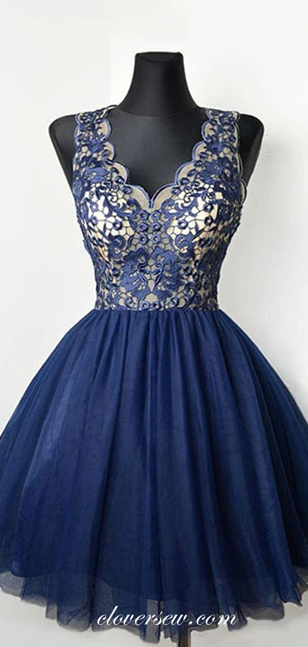 Navy Lace Tulle V-neck Sleeveless Homecoming Dresses, CH0027