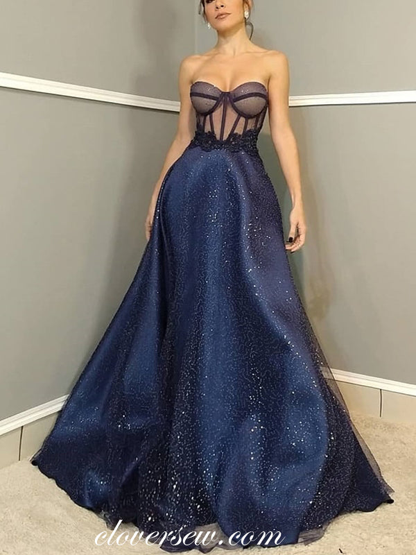 Navy Shiny Sequin Tulle Sexy See Through A-line Formal Dresses, CP0638